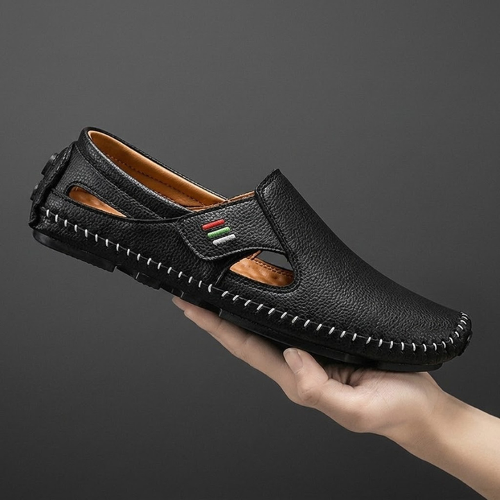 Full view of men's casual comfort walking sandals with an adjustable strap.