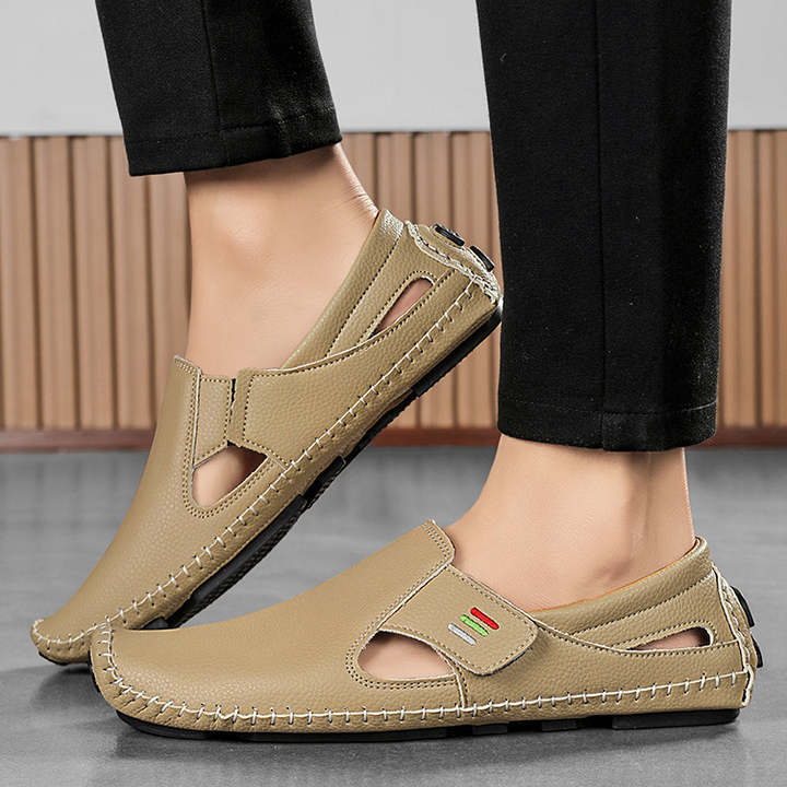 Casual men's summer walking sandals featuring an adjustable comfort strap.