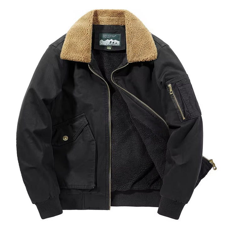 Close-up of a men's warm aviator bomber jacket texture, showing rugged design & quality for winter.