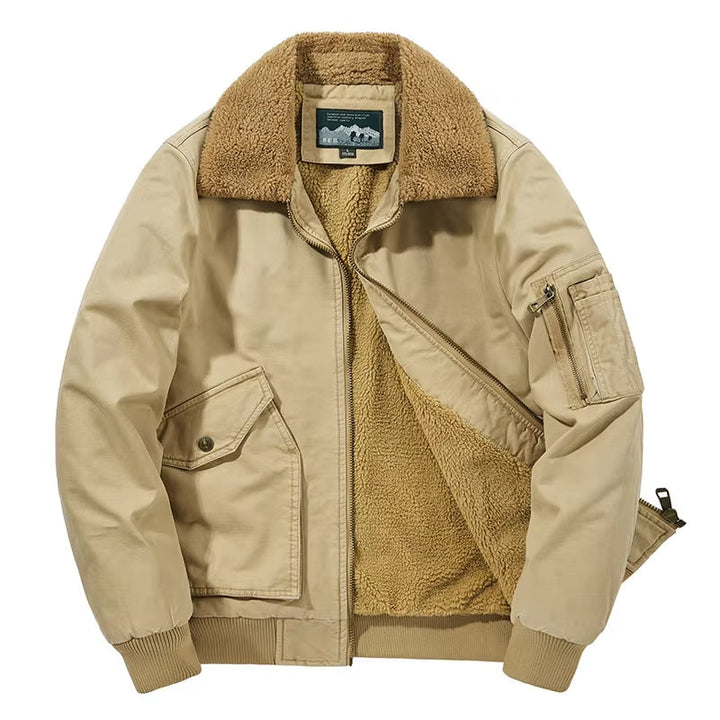 Full shot of a man wearing a stylish, warm aviator bomber jacket, ideal for ultimate winter fashion.