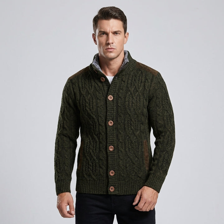 Men's warm cable knit button-front cardigan in beige, perfect for cozy winter layering and casual style.