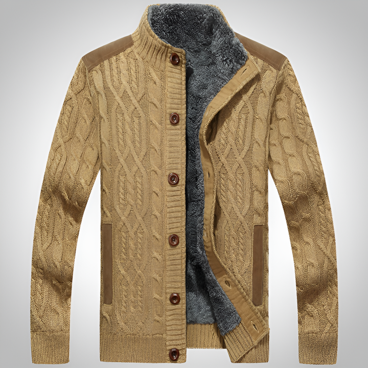 Dark blue men's cable knit cardigan with button-front closure, a stylish choice for winter comfort.