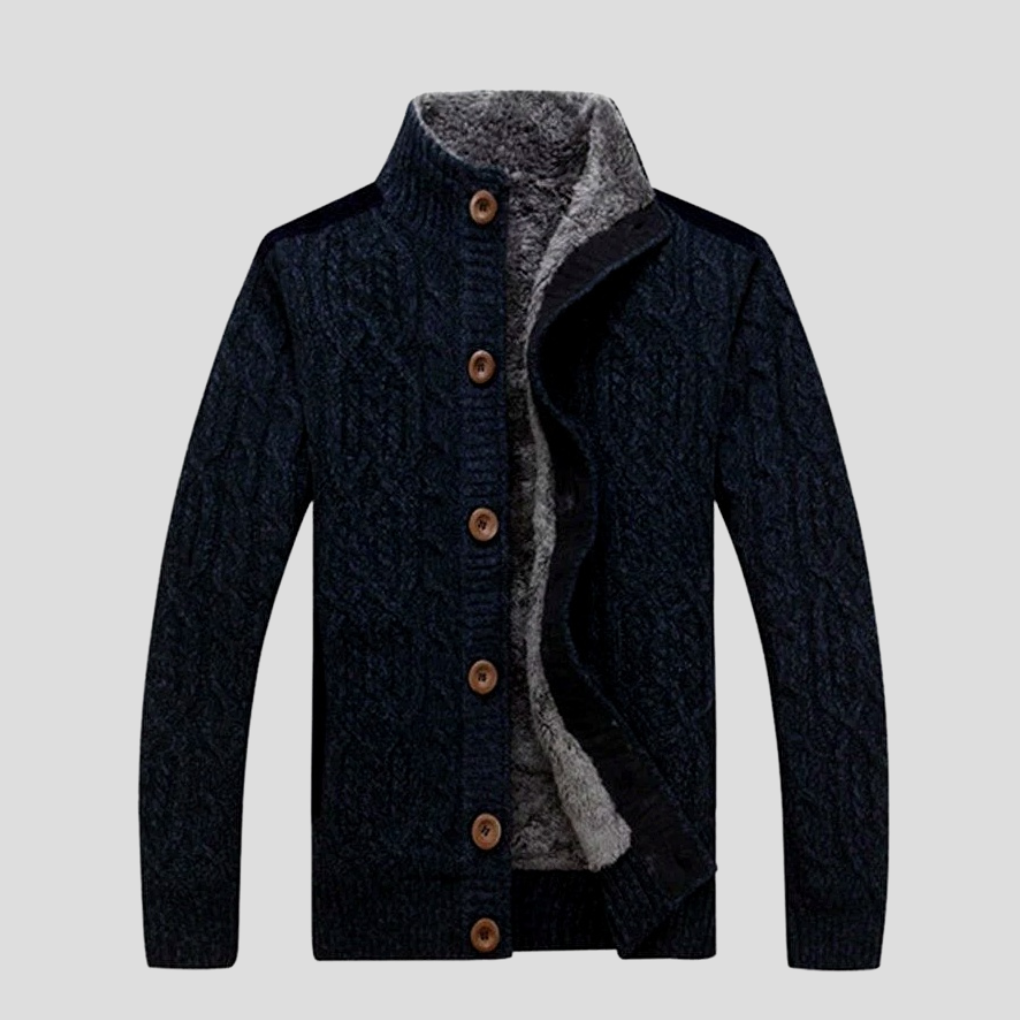 Green long sleeve men's sweater, a classic cable knit button-front cardigan for warm winter fashion.
