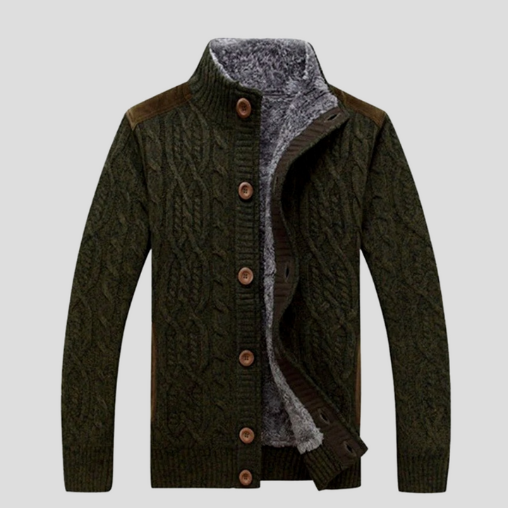 Cozy men's cable knit cardigan in a versatile color, featuring a practical button-front for winter comfort.