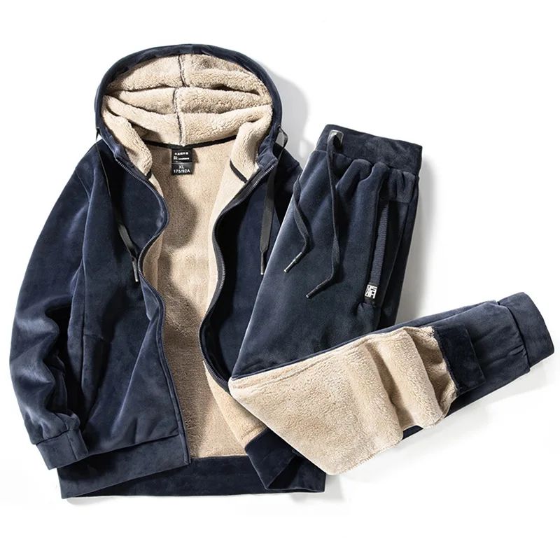 Cozy men's blue cotton cashmere lounge set. Soft two-piece casual wear for ultimate comfort & warmth.