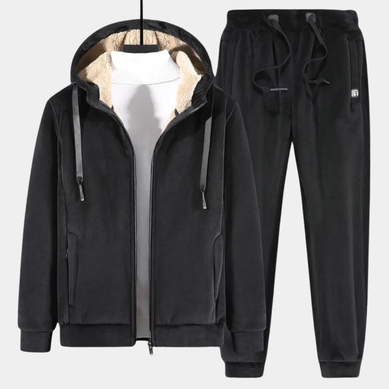 Black cotton cashmere blend men's lounge set. Warm, soft two-piece for relaxed home or casual outings.