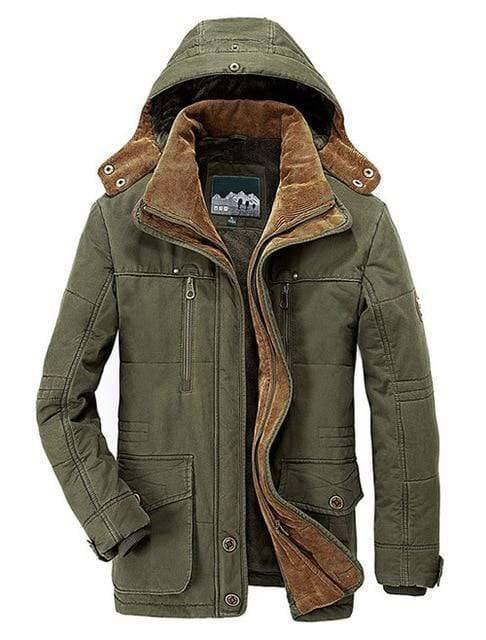 Men's casual parka jacket, dark blue, featuring a detachable hood, side view, ideal for cold weather.