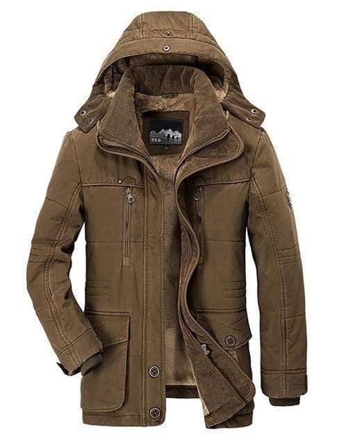 Heavyweight men's cotton blend parka, black, with zipped pockets, suitable for extreme winter conditions.