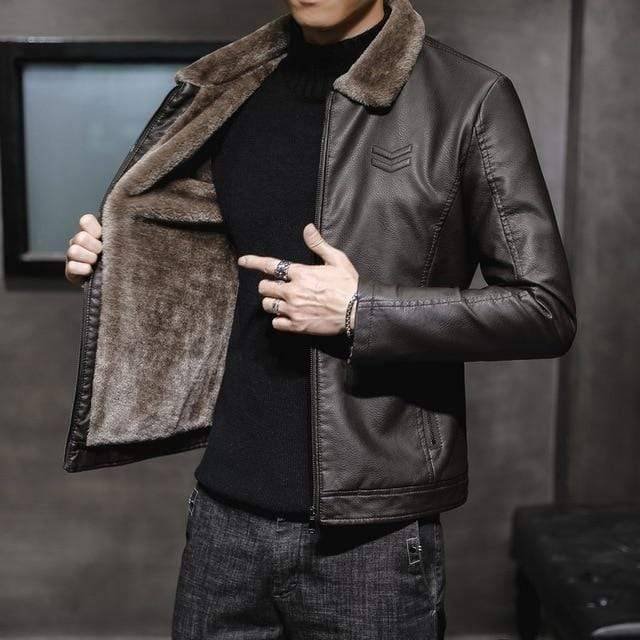Front view of a rugged men's faux leather jacket, featuring a plush fur lining and multiple pockets