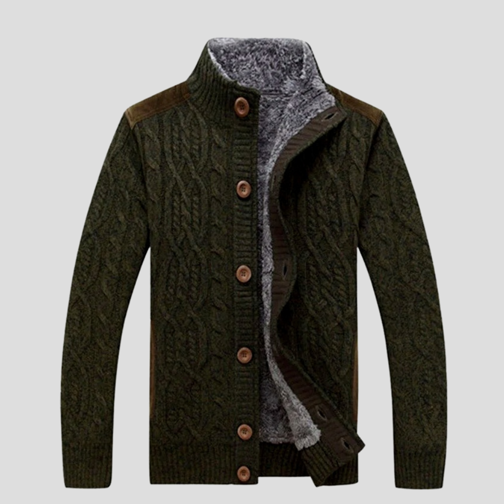 Close-up of a men's cozy cable knit cardigan in a warm winter shade, featuring a comfortable fleece lining.