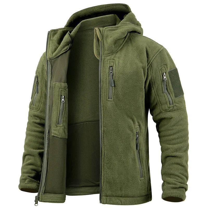 Versatile men's outdoor utility jacket with hood for winter, fall, camping & casual wear.