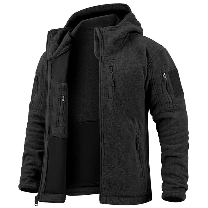 Men's hooded outdoor jacket, warm and rugged utility outerwear for fall, winter, and travel.