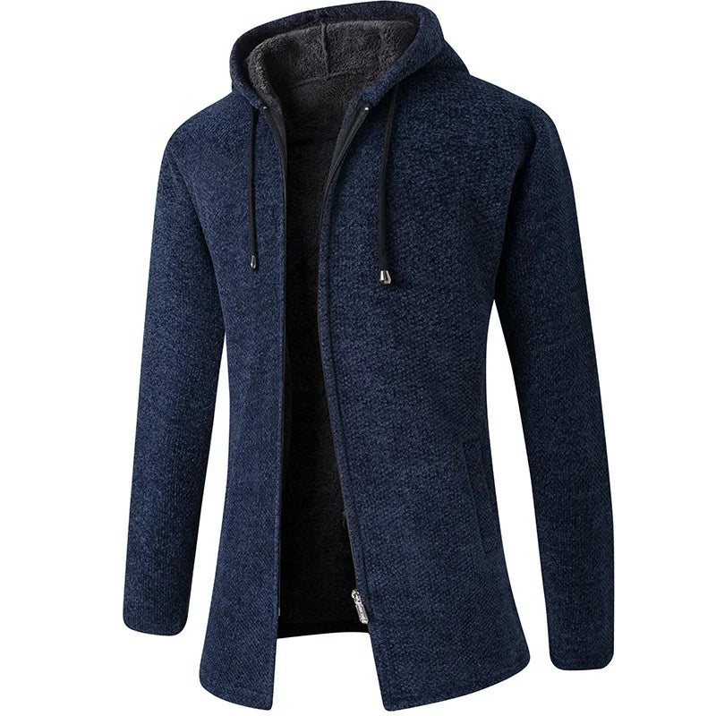 Men's warm hooded zip-up jacket, cozy fabric. Perfect for fall & winter casual comfort & layering.
