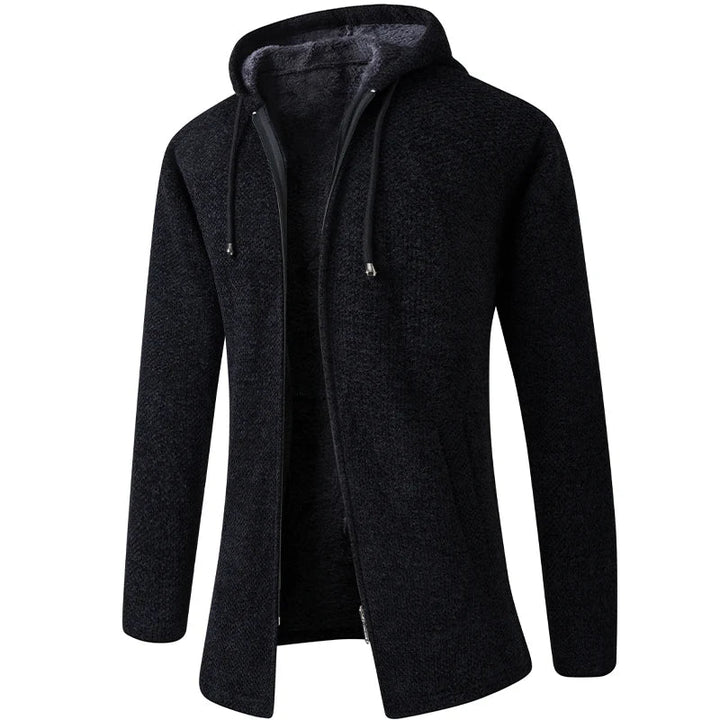 Stylish men's warm hooded jacket with full zip, essential for staying cozy during fall & winter outdoor adventures.