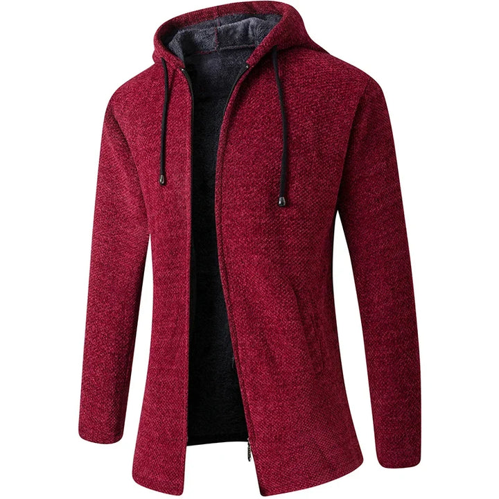 Durable men's warm hooded zip-up jacket for casual wear. Comfortable outerwear, ideal for fall & winter layering.