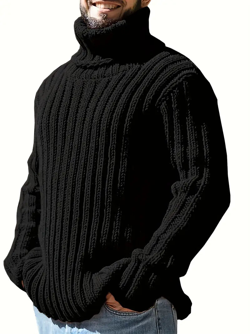 Men's warm knitted wool blend roll neck jumper, ideal for winter comfort and style.