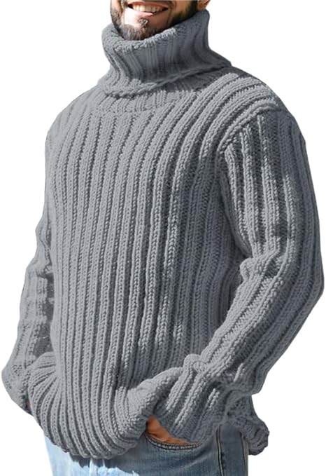 Stylish men's heavy knit roll neck jumper in a warm wool blend, essential for cold weather.