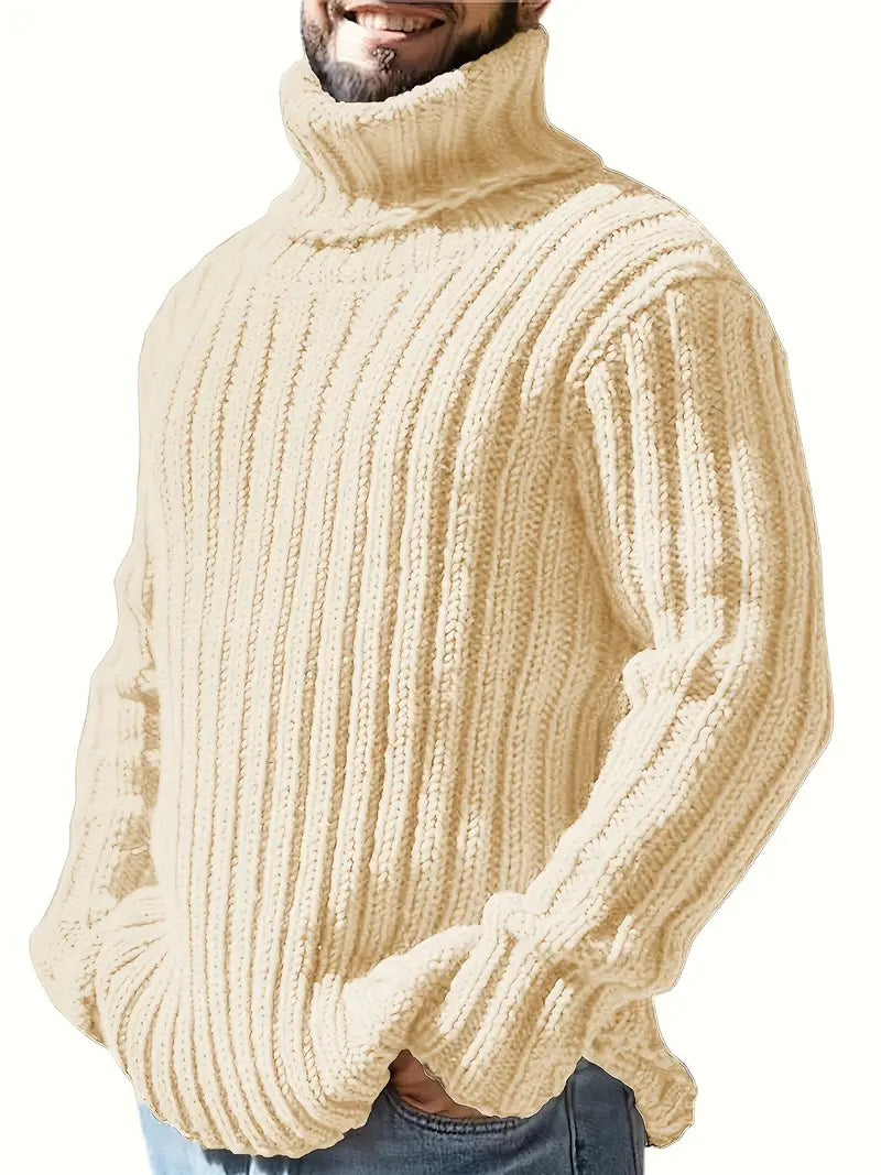 Classic men's knitted wool blend turtleneck sweater, offering superior warmth for winter days.
