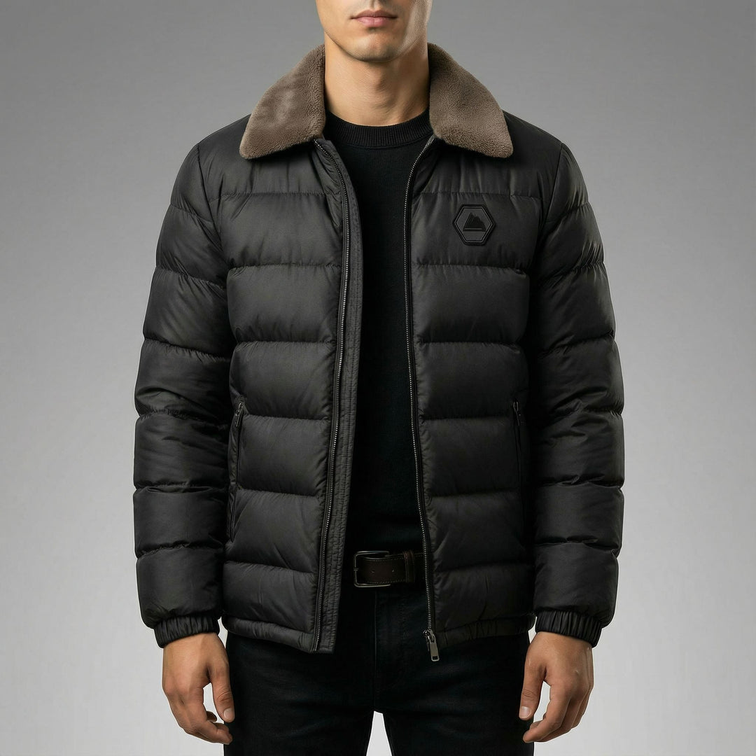 Men's warm winter insulated jacket for cold weather. Heavy-duty thermal outerwear, ideal for fall/winter fashion.