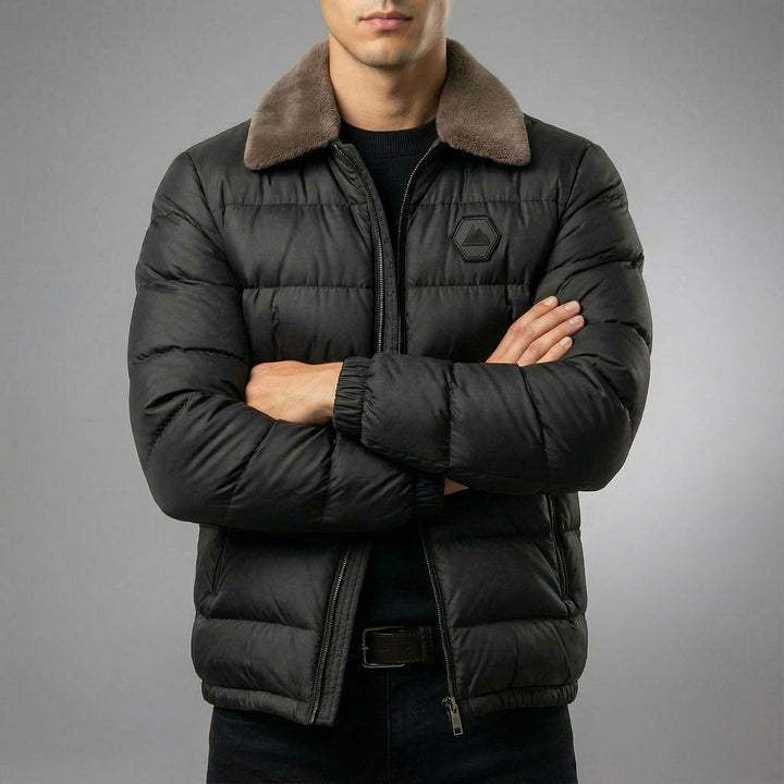 Conquer cold in this men's heavy-duty insulated winter jacket. Warm thermal outerwear, essential for extreme weather.