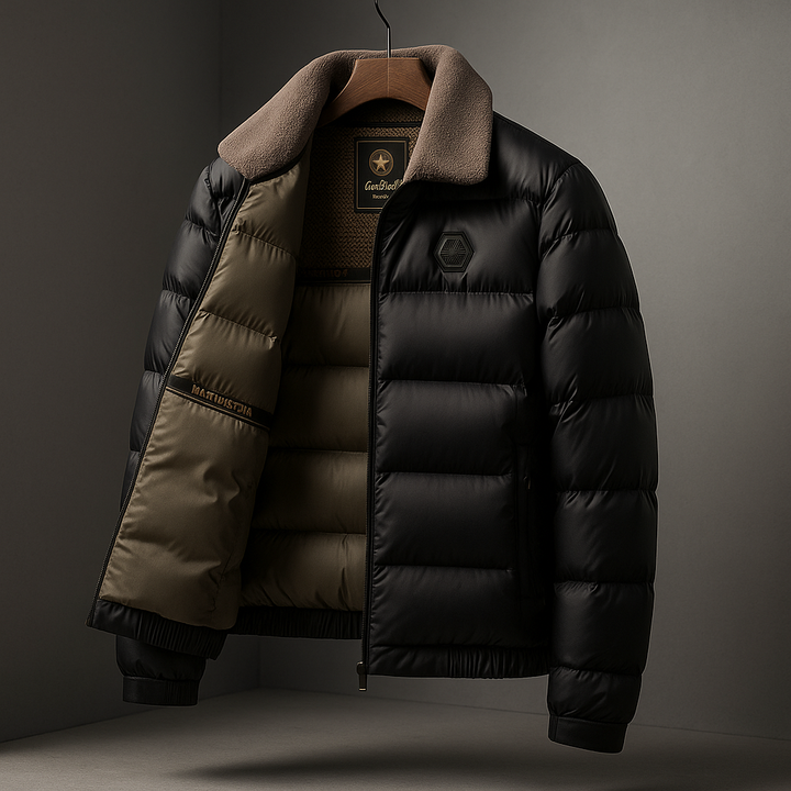 Durable men's insulated winter jacket. Heavy-duty, warm coat for extreme cold weather. Essential fall/winter outerwear.