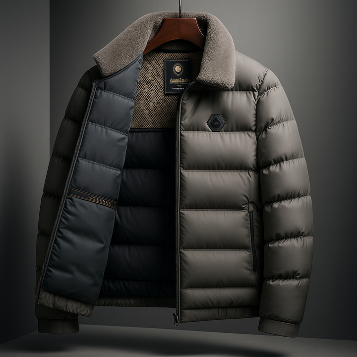 Practical men's insulated winter jacket. Warm, heavy-duty outerwear perfect for men's casual fall/winter everyday wear.