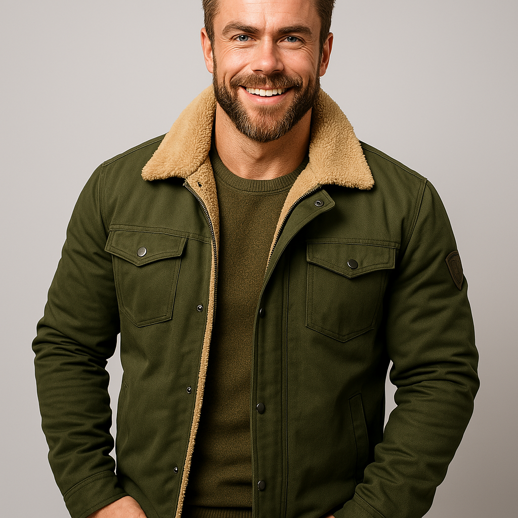 Classic men's shearling collar winter jacket, ideal for stylish layering in cold weather outerwear.