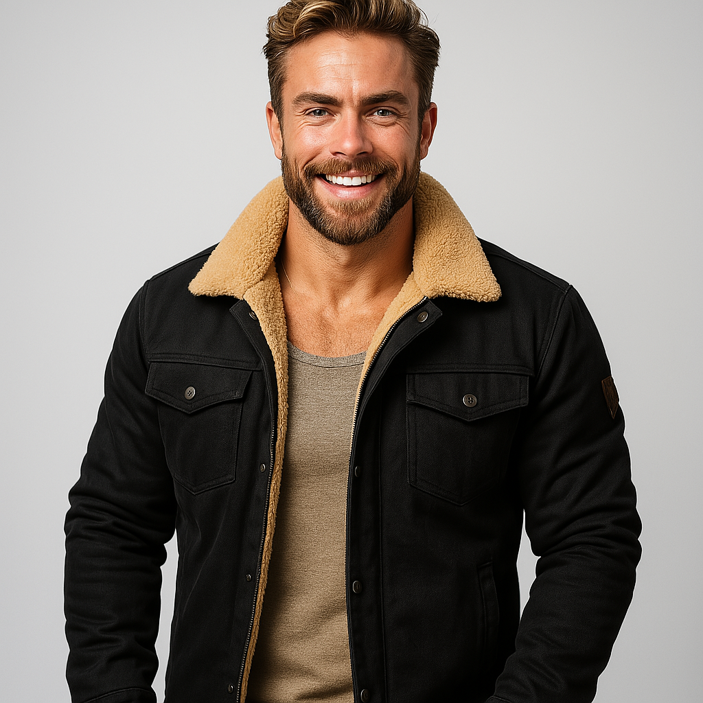 Stylish men's casual utility jacket with a warm shearling collar and button front, for winter.