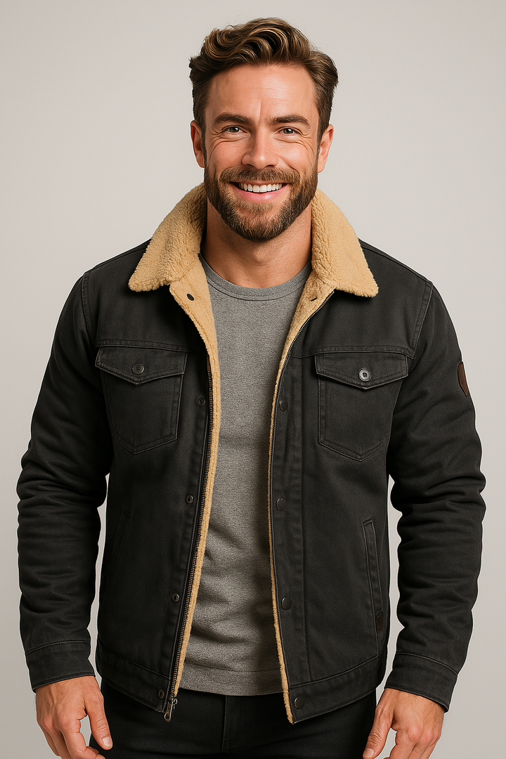 Warm men's winter outerwear jacket featuring a soft shearling collar for ultimate comfort & cold weather.