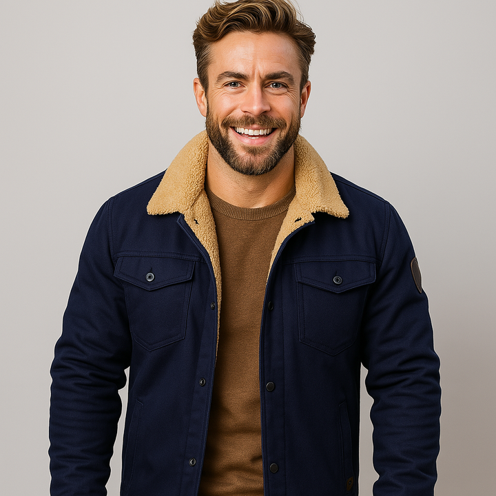 Men's classic warm winter coat with shearling collar, ideal for layering and cold weather style.