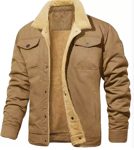 Men's button-front winter jacket with a warm shearling collar, offering classic & casual utility style.