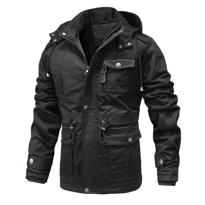 Men's warm winter jacket with removable hood, insulated & waterproof for cold weather and outdoor adventures.