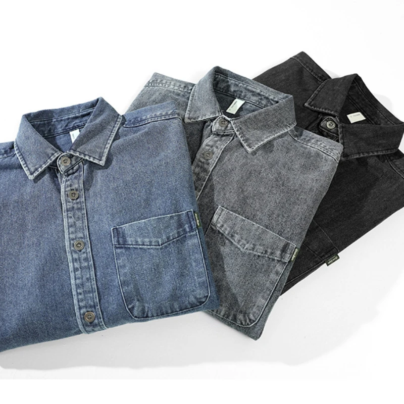 Washed men's button-up shirt, long sleeve, relaxed fit, designed for comfortable casual wear and versatile styling.