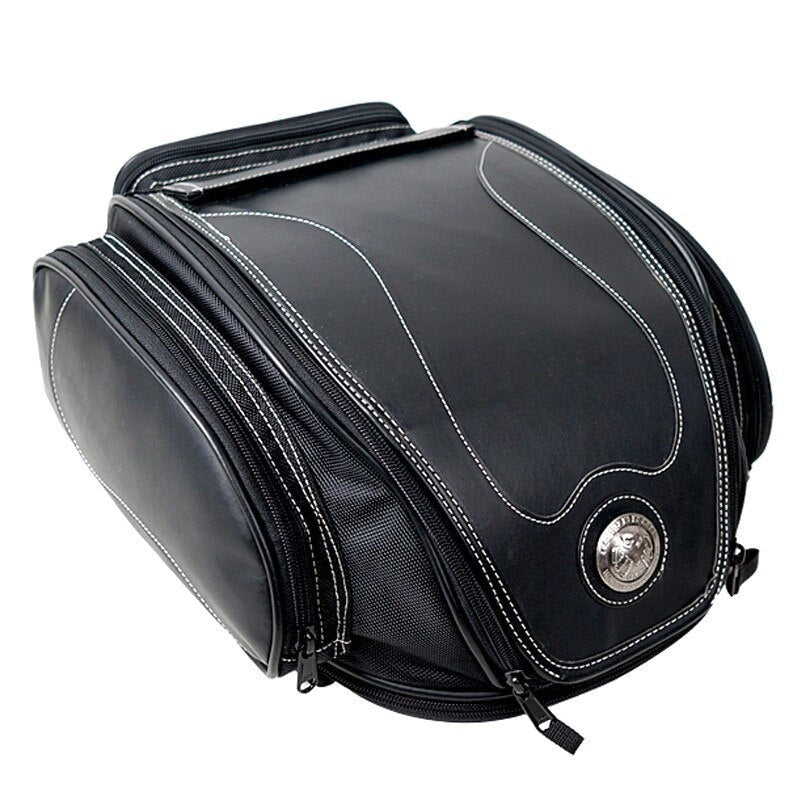 Men's water-resistant expandable motorcycle tail bag, PU leather, for sport & dirt bikes.