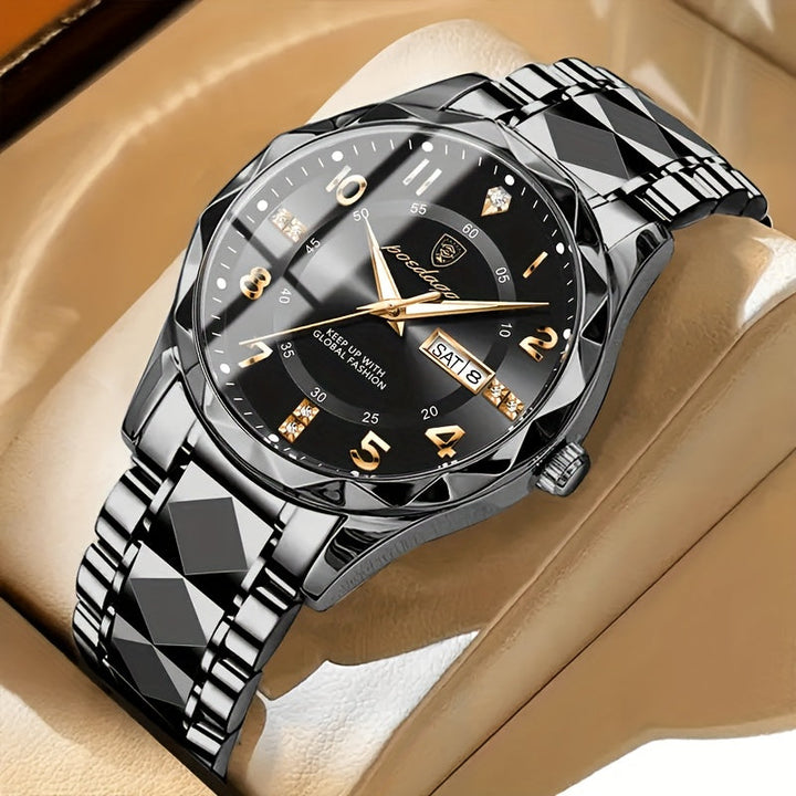 Back view of men's waterproof quartz watch, showing comfortable design & durable materials for sports & activewear.