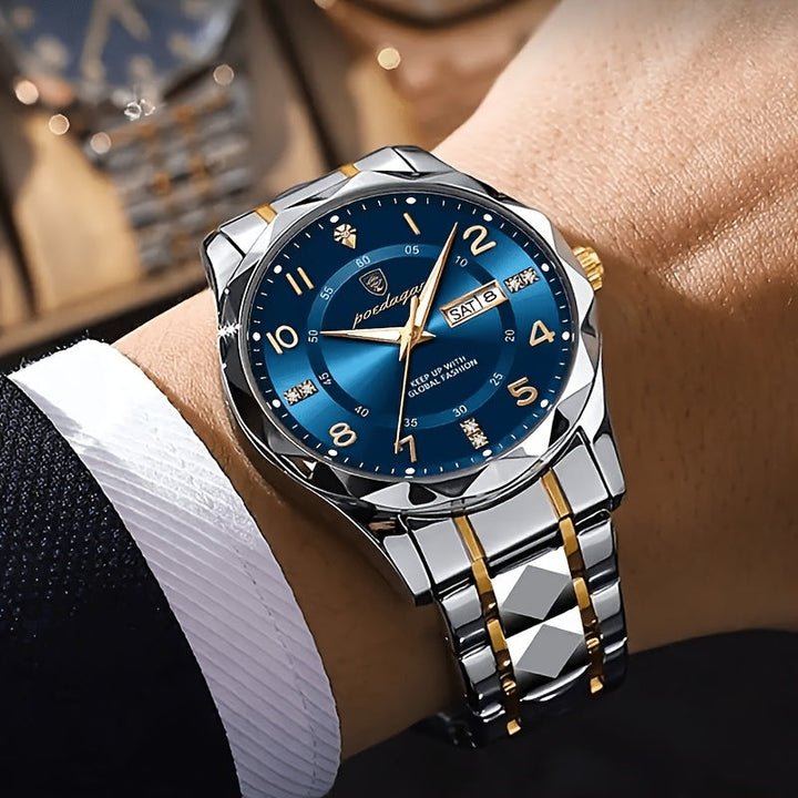 Men's multifunctional waterproof digital watch on a wrist, showcasing comfortable fit for sports & daily wear.