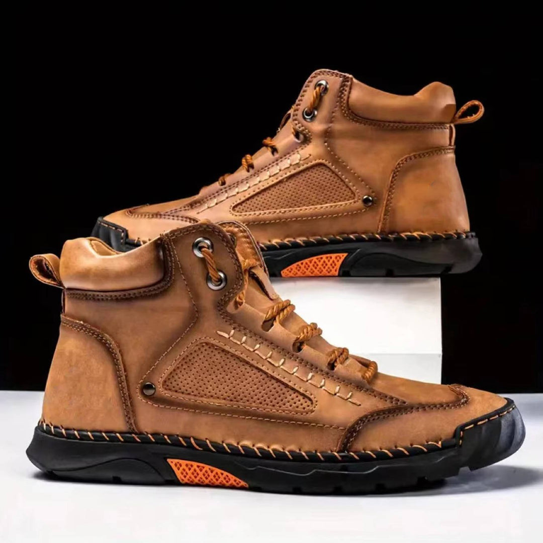 Side view of durable men's hiking boots. Waterproof for all-weather comfort.