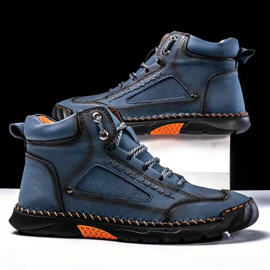 Black men's outdoor hiking boots with arch support, comfortable & waterproof.