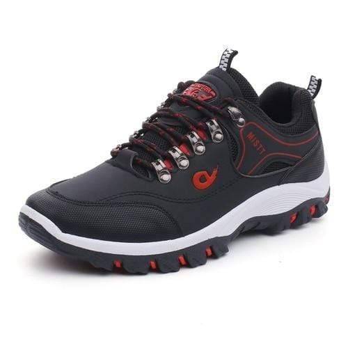 Pair of men's waterproof hiking shoes, dark grey, side view, ready for outdoor and casual wear