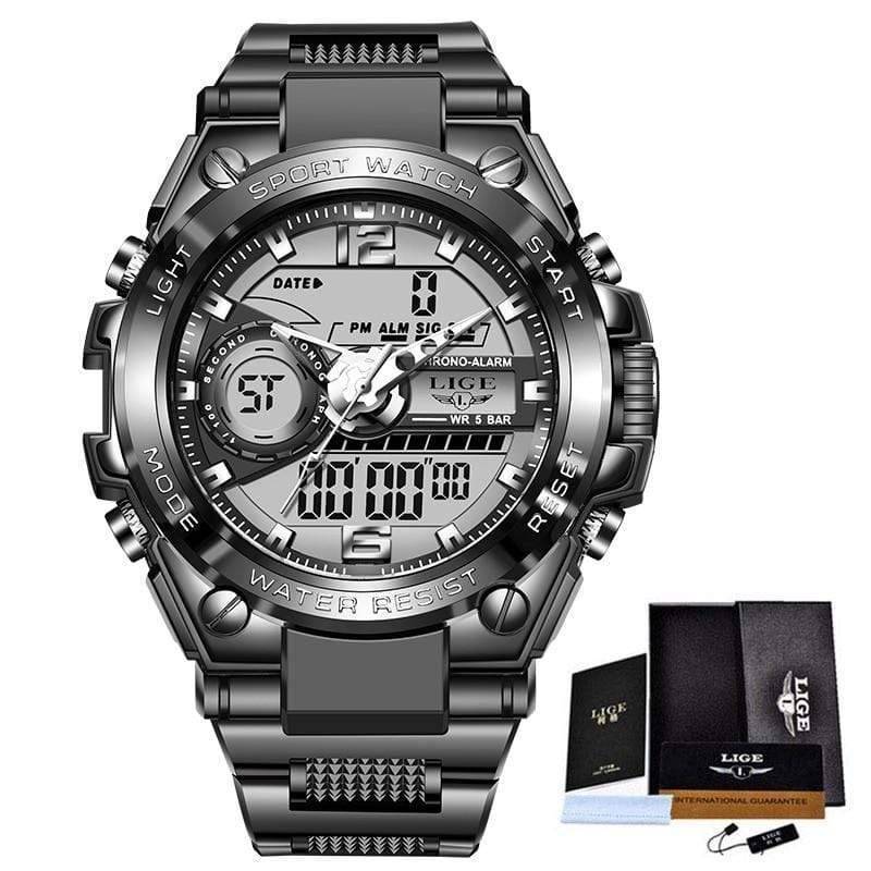 Rugged men's sport watch with LED digital and analog display, waterproof and durable silicone strap.