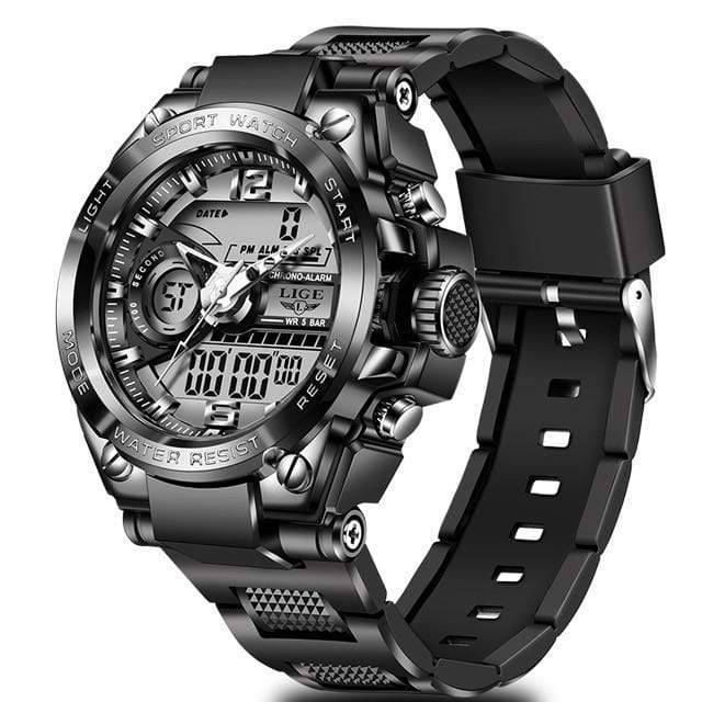 Waterproof men's wrist watch featuring LED digital time, analog display and a tough black silicone strap.