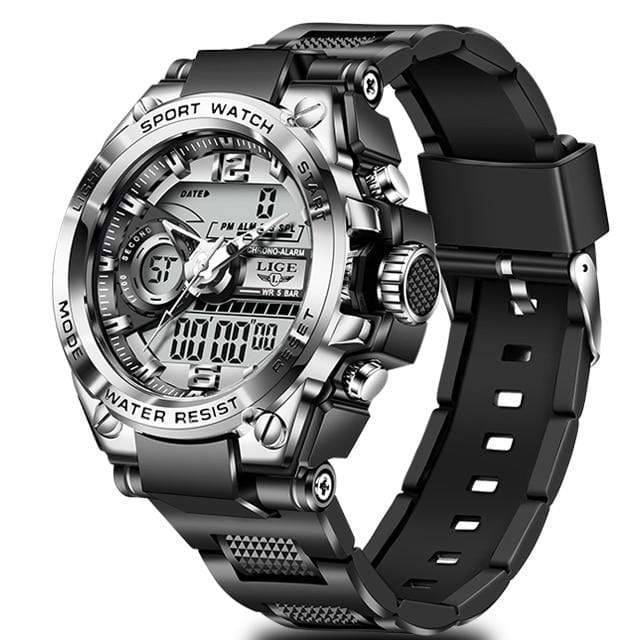 Military style men's sport watch, waterproof, with LED digital and analog functions on a durable black band.