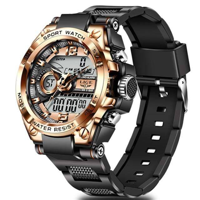 Outdoor gear: Men's waterproof watch, LED digital/analog display, black silicone strap, perfect for sports.