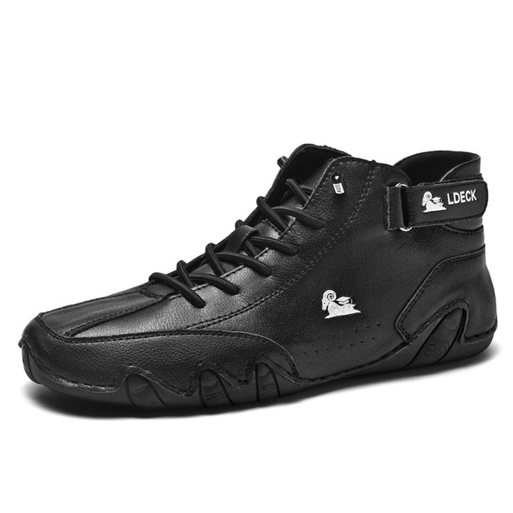 Close-up of men's breathable waterproof orthopedic shoes, showing quality material for comfort and all-day support.