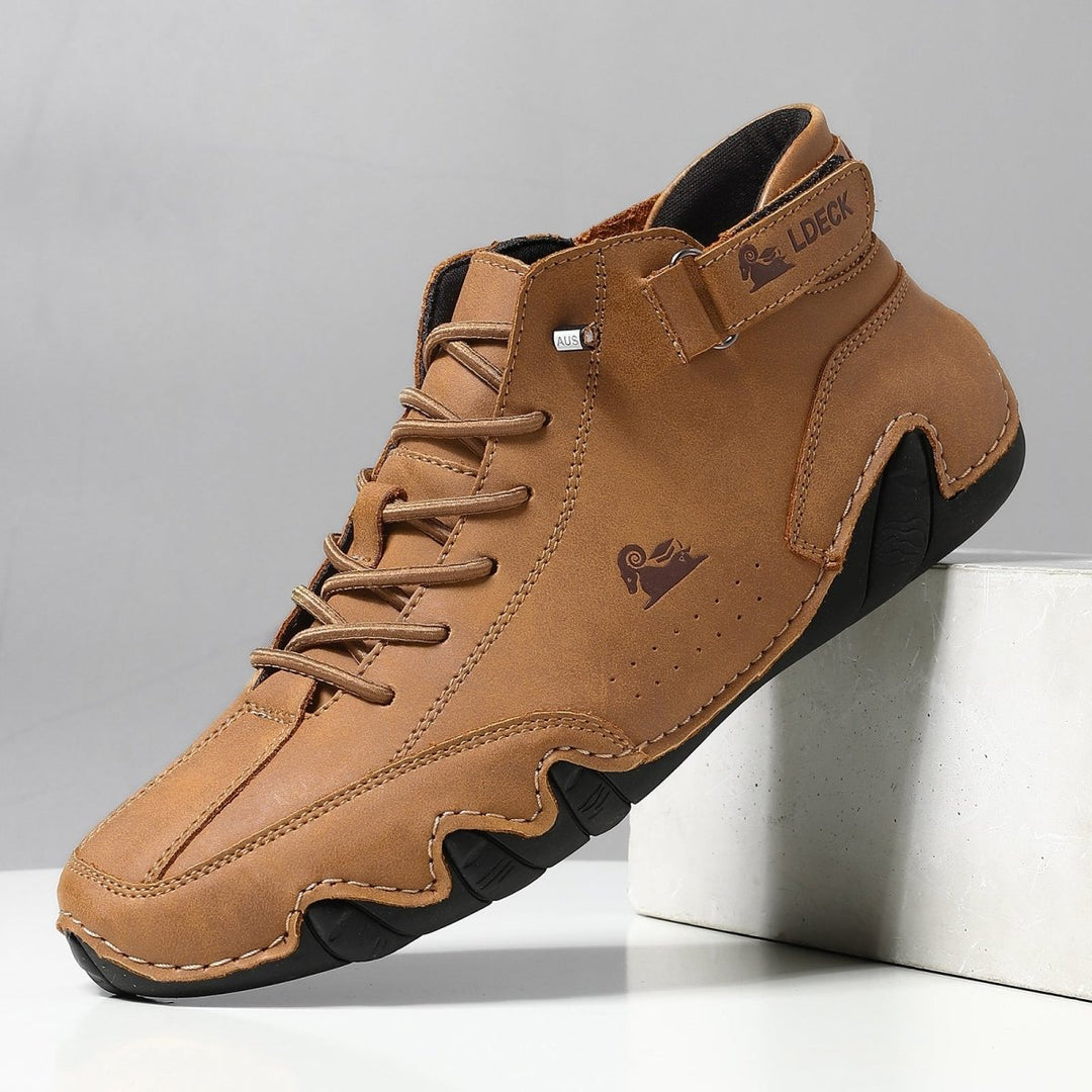 Man wearing waterproof orthopedic shoes, providing excellent comfort & support during a casual walk.