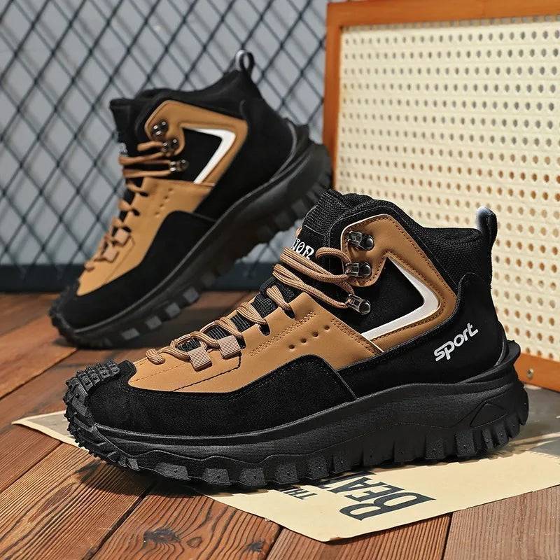 Men's waterproof outdoor hiking safety sneakers, black high-top work boots