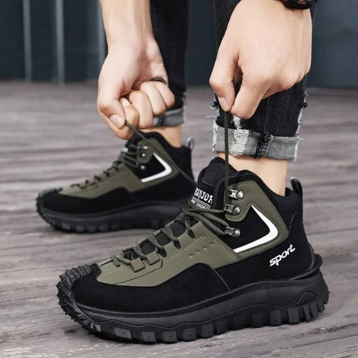 Top-down view of men's outdoor safety sneakers, ready for tough terrain