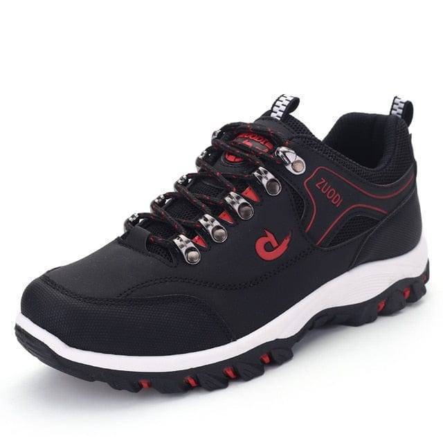 Top-down view of men's waterproof walking shoes, highlighting wide toe box and lacing system