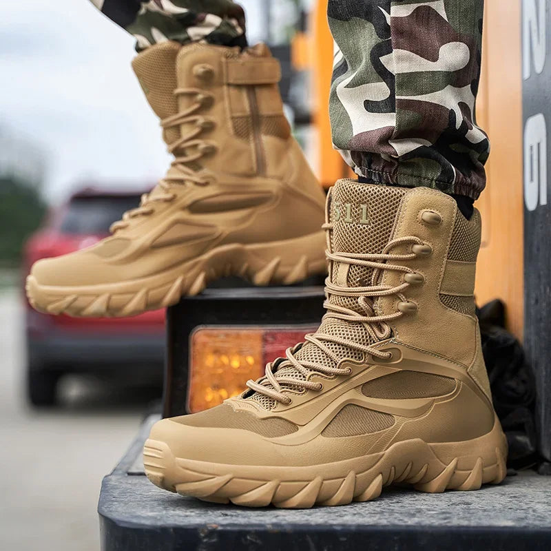 Men's waterproof tactical boots, rugged & non-slip for challenging outdoor terrains.