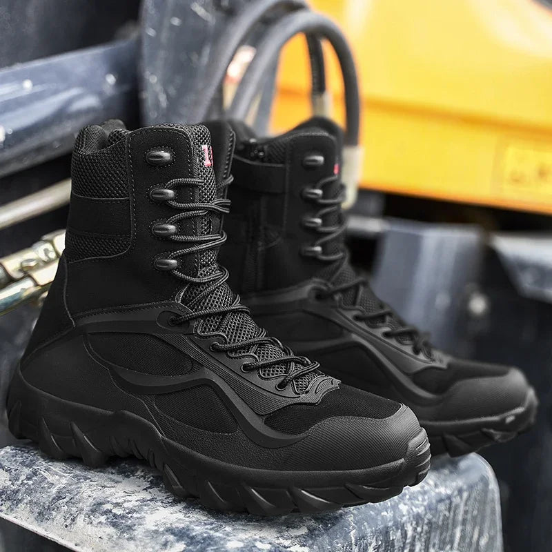 Close-up of men's waterproof tactical boots, showcasing rugged construction & non-slip tread.